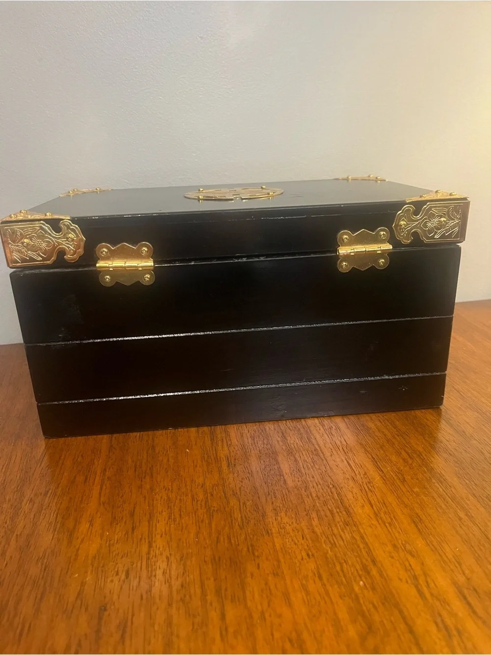 Vintage Asian Black Lacquer Jewelry Box Drawer Brass Hardware Chinese Longevity